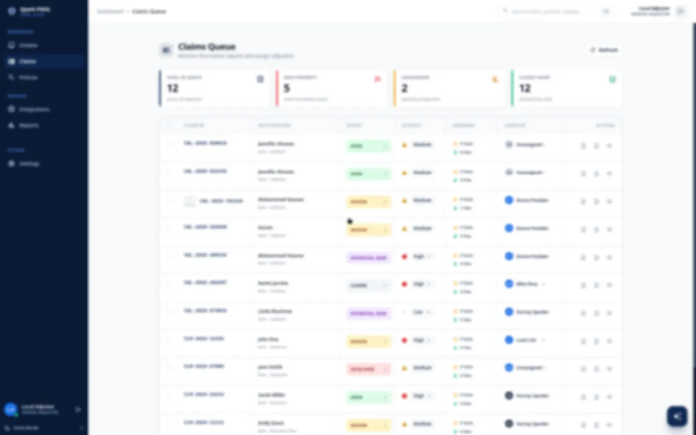 Spark Claim claims queue with status, priority and assignment (demo data, details blurred)