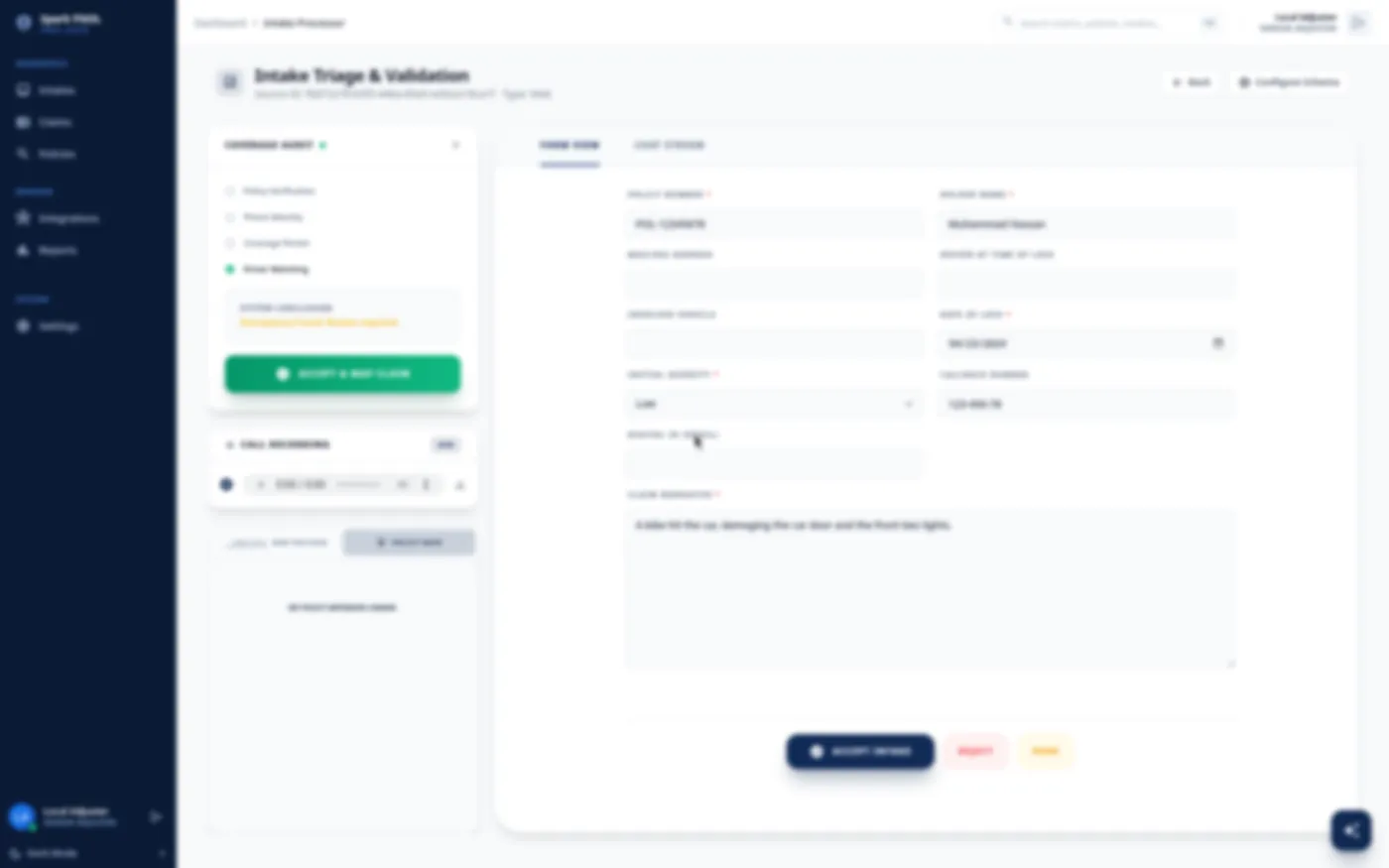 Spark Claim intake triage and validation screen