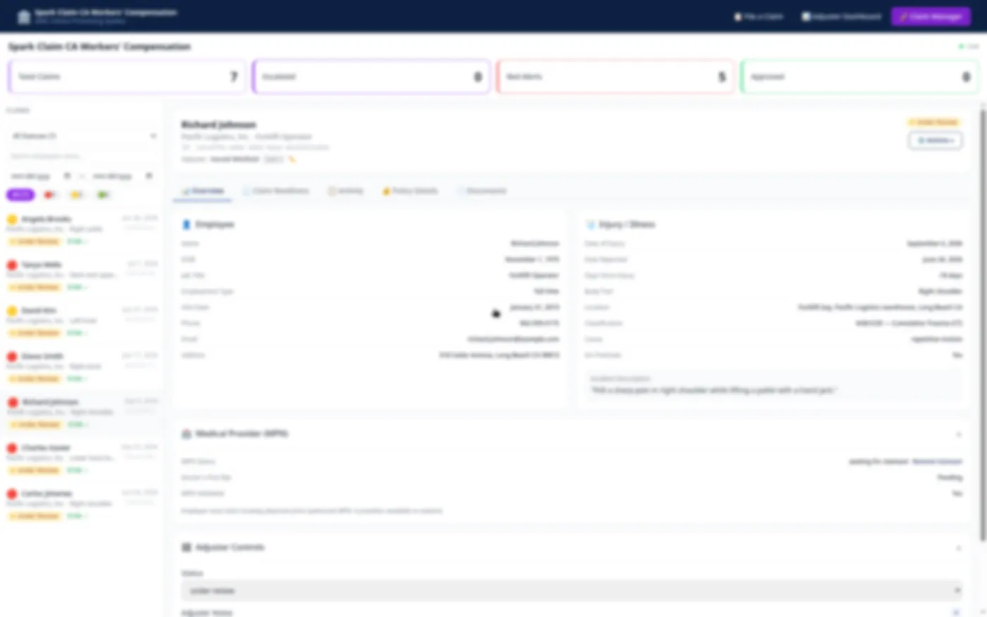 Spark Claim Workers' Comp claim manager view
